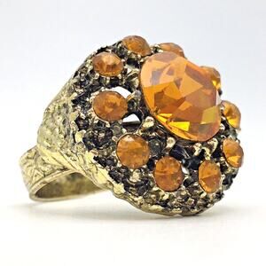 Vintage Faceted Glass Faux Citrine Adjustable Statement Cocktail Ring Gold Tone